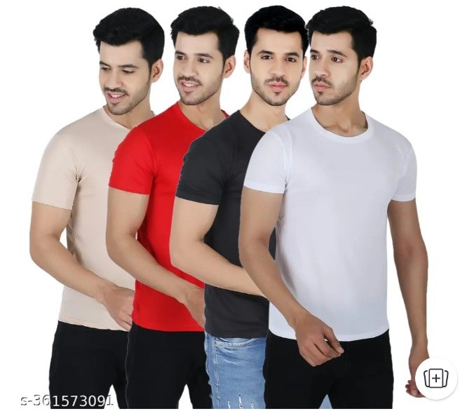 Four round-neck T-shirts in beige, red, black and white